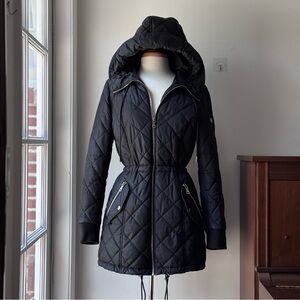Calvin Klein Black Quilted Hooded Jacket, adjustable waist, full zip